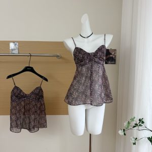 Secret Garden French chiffon purple small floral slightly transparent layered suspender women's vintage top