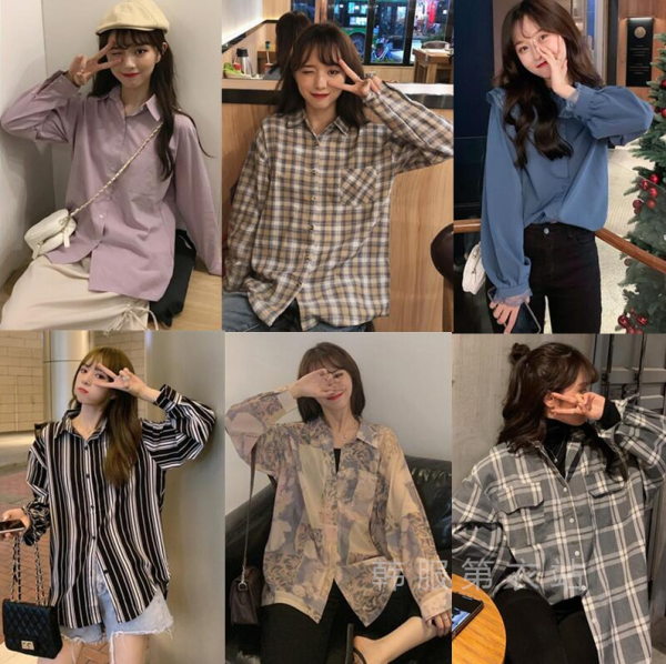 Stalls are available for spring and summer, new Korean women's long-sleeved shirts, fashionable and versatile, checked shirts, miscellaneous factory direct sales
