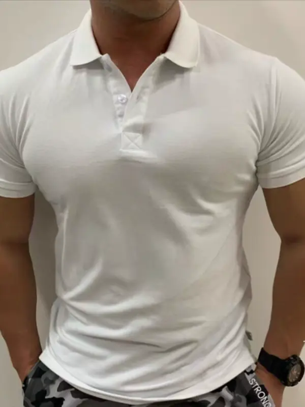 European and American fitness coaches, ice silk cotton, solid color polo shirts, men's skinny stretch short-sleeved overalls, T-shirts, sports paul shirts - Image 3