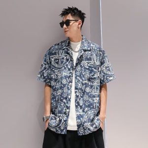 Vintage Cuban Collar Men's Shirt Men's and Women's Loose Hong Kong Flavor American Retro Couple Thai Hong Kong Style Short Sleeve Shirt