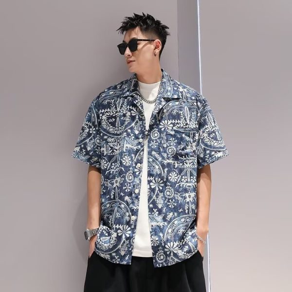 Vintage Cuban Collar Men's Shirt Men's and Women's Loose Hong Kong Flavor American Retro Couple Thai Hong Kong Style Short Sleeve Shirt - Image 2