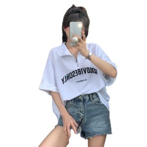 Foreign trade cross-border short-sleeved T-shirt women's 2025 new summer dress half-zipper polo collar mid-length loose plus size women's clothing
