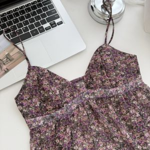 Secret Garden French chiffon purple small floral slightly transparent layered suspender women's vintage top