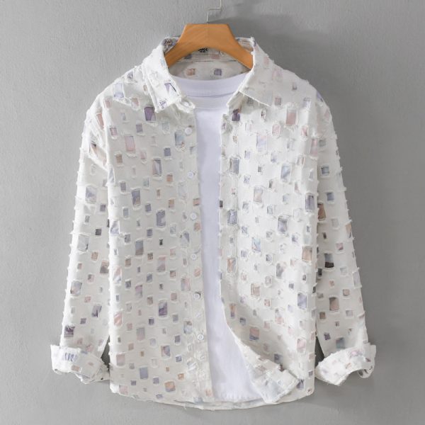 MRMING design sense plaid ripped print stitching long sleeve shirt cutout trend cotton shirt jacket men's trend - Image 2