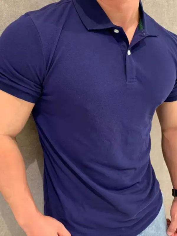 European and American fitness coaches, ice silk cotton, solid color polo shirts, men's skinny stretch short-sleeved overalls, T-shirts, sports paul shirts - Image 2