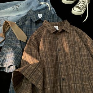 Plaid short-sleeved shirt men's summer trendy brand ins Japanese retro lazy casual shirt cleanfit jacket