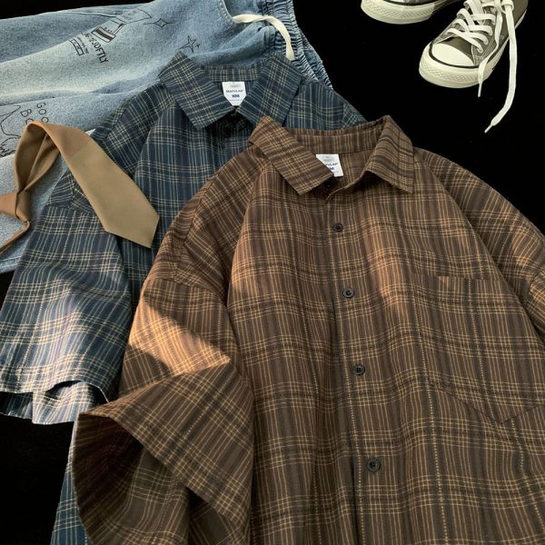 Plaid short-sleeved shirt men's summer trendy brand ins Japanese retro lazy casual shirt cleanfit jacket - Image 4
