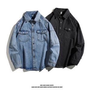 Spring and autumn washed workwear denim shirt jacket men's American trendy brand loose casual design lapel top