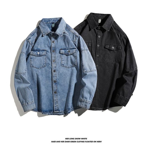 Spring and autumn washed workwear denim shirt jacket men's American trendy brand loose casual design lapel top - Image 2