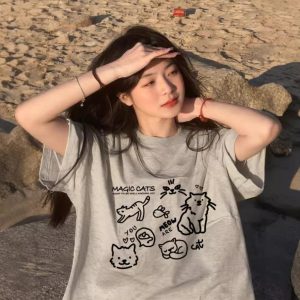 Fat mm summer loose t-shirt women's gray slim plus size 200 pounds short sleeve niche full-shoulder round neck top design sense