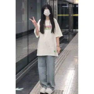 Elastic waist jeans women's spring and summer students small man loose spring straight pants middle and high school students wide leg pants women