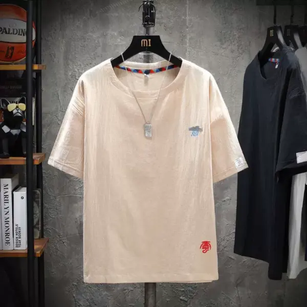 Embroidered cotton and linen short sleeve t-shirt Chinese style men's summer thin loose large size clothes cotton linen half sleeve shirt