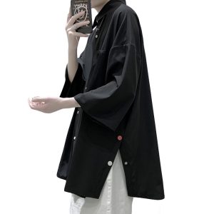 Short-sleeved shirt, men's Japanese trendy brand, loose trend, Hong Kong style, couple, five-quarter sleeve, side-breasted split shirt