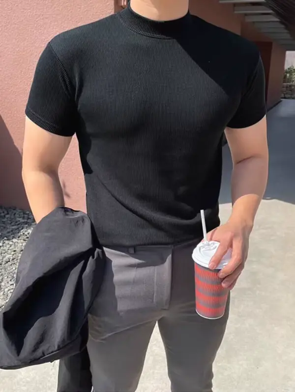 American small neckline t-shirt men's tight stretch slim short sleeve fitness trainer small high neck inner layer base shirt t-shirt