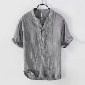 Summer linen short sleeve casual T-shirt men's stand collar pullover shirt national tide distressed retro thin breathable big V