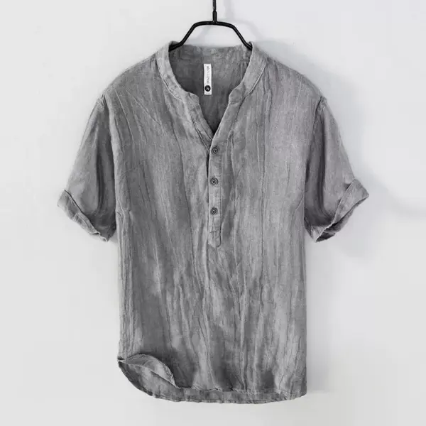 Summer linen short sleeve casual T-shirt men's stand collar pullover shirt national tide distressed retro thin breathable big V