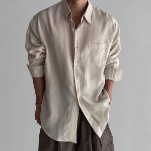European and American retro solid color shirts, men's high-end sense of loose long-sleeved sunscreen jacket pockets, design sense of cargo shirt jacket