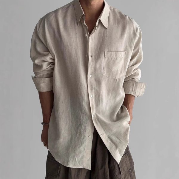European and American retro solid color shirts, men's high-end sense of loose long-sleeved sunscreen jacket pockets, design sense of cargo shirt jacket - Image 2