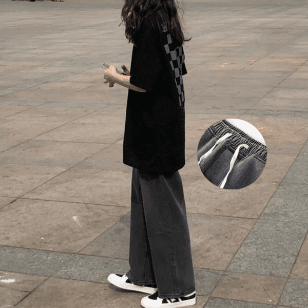 Straight leg jeans women's summer loose and versatile spring and summer small junior high school students elastic waist wide-leg pants women