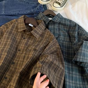 Plaid short-sleeved shirt men's summer trendy brand ins Japanese retro lazy casual shirt cleanfit jacket