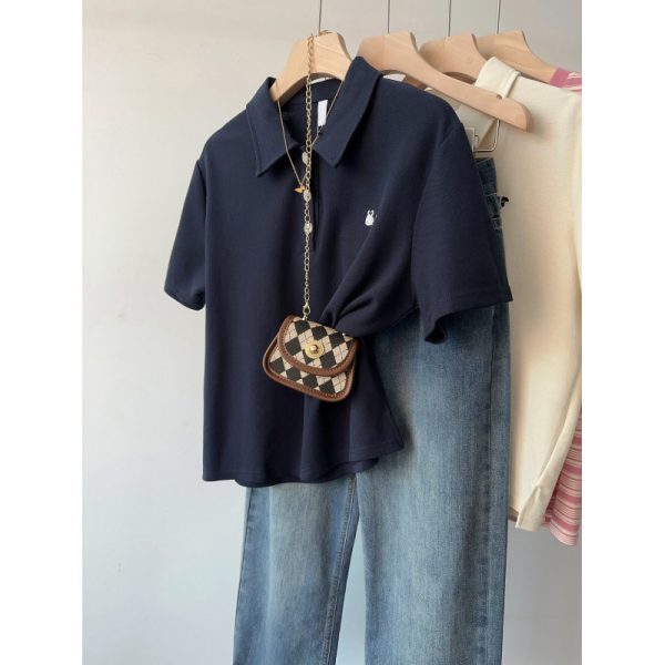Plus size women's summer high-end polo neck, shoulder short-sleeved T-shirt, fat mm, loose and thin, foreign and versatile top
