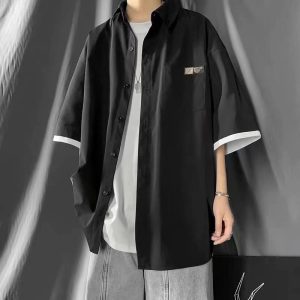 Summer short-sleeved shirt, men's solid color casual Hong Kong style ins, loose Japanese trend, fake two niche shirts, jackets