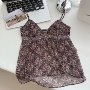 Secret Garden French chiffon purple small floral slightly transparent layered suspender women's vintage top