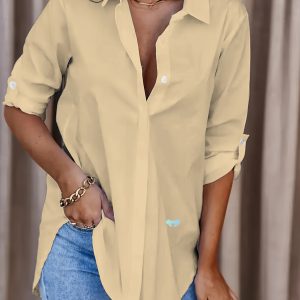Solid Button Front Shirt Casual Turn Down Collar Office Cross Border