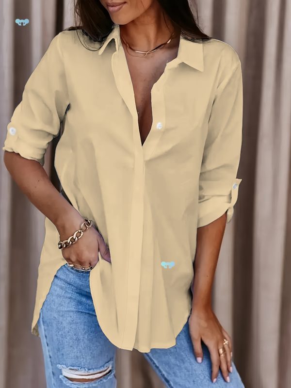 Solid Button Front Shirt Casual Turn Down Collar Office Cross Border