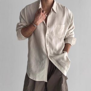 European and American retro solid color shirts, men's high-end sense of loose long-sleeved sunscreen jacket pockets, design sense of cargo shirt jacket