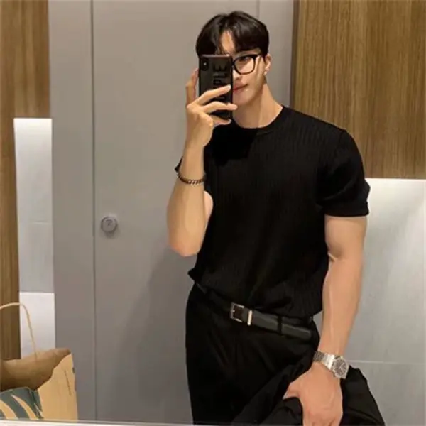 American tough guy knitted T-shirt, trendy men's wear, skin-friendly, comfortable, breathable, ice silk short-sleeved fitness trainer sports top - Image 3