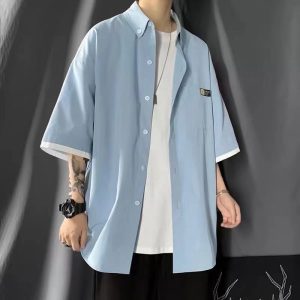 Summer short-sleeved shirt, men's solid color casual Hong Kong style ins, loose Japanese trend, fake two niche shirts, jackets