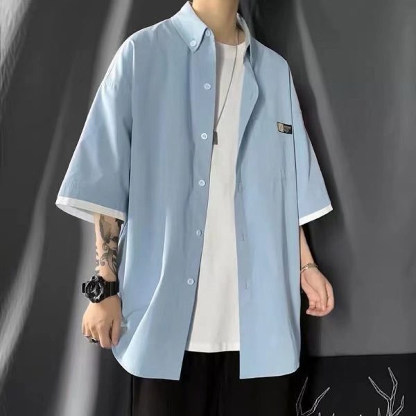 Summer short-sleeved shirt, men's solid color casual Hong Kong style ins, loose Japanese trend, fake two niche shirts, jackets
