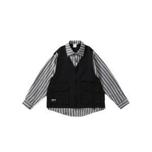 cityboy Japanese vintage stitching fake two-piece cargo shirt for men and women casual loose long-sleeved shirt jacket