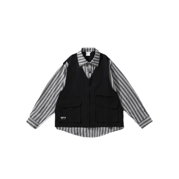 cityboy Japanese vintage stitching fake two-piece cargo shirt for men and women casual loose long-sleeved shirt jacket - Image 5