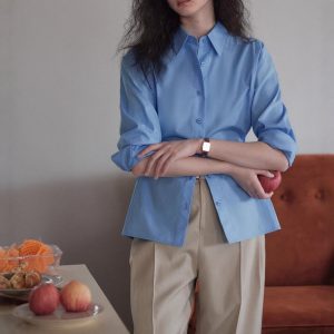 60 counts organic cotton waist two wear three-open body three-dimensional cut office siren style shirt top woman