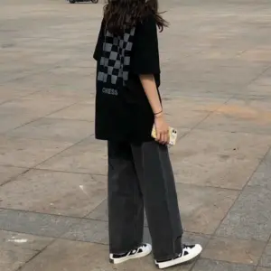 Straight leg jeans women's summer loose and versatile spring and summer small junior high school students elastic waist wide-leg pants women