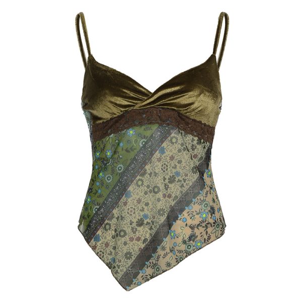 Amazon foreign trade retro forest print irregular suspender European and American V-neck lace edge design mid-length vest - Image 5