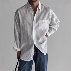 European and American retro solid color shirts, men's high-end sense of loose long-sleeved sunscreen jacket pockets, design sense of cargo shirt jacket