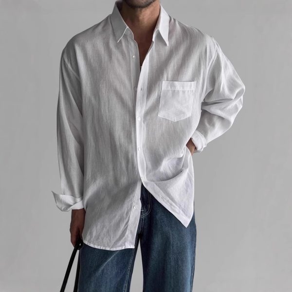 European and American retro solid color shirts, men's high-end sense of loose long-sleeved sunscreen jacket pockets, design sense of cargo shirt jacket - Image 3