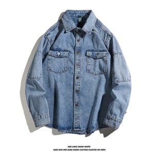 Spring and autumn washed workwear denim shirt jacket men's American trendy brand loose casual design lapel top