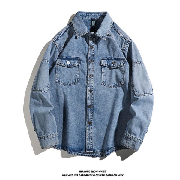 Spring and autumn washed workwear denim shirt jacket men's American trendy brand loose casual design lapel top