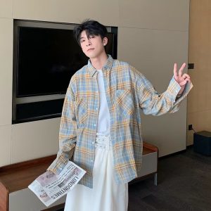 cleanfit striped plaid shirt men's high-end American vintage long-sleeved shirt design emotional couple jacket