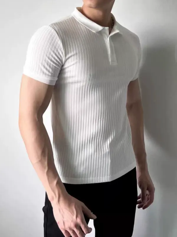 American ice silk pit strip polo shirt men's cool slim short sleeve lapel t-shirt fitness trainer overalls paul shirt tide - Image 5
