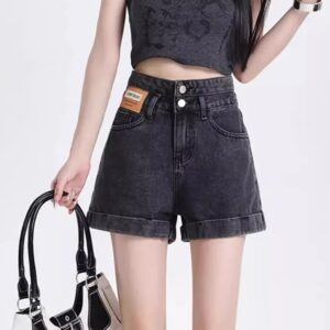 Rolled-up denim shorts, women's summer fashion, new crotch-covering, slim double-breasted design, high-waisted A-line shorts