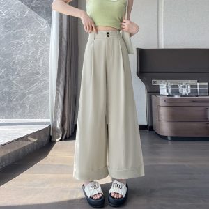 Real shot of yellow ice silk washed cotton wide-leg pants women's summer high-waisted drape straight loose cropped casual suit pants
