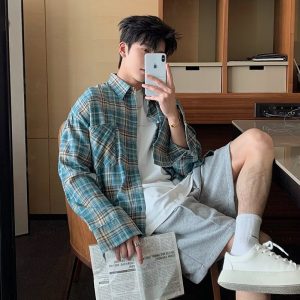cleanfit striped plaid shirt men's high-end American vintage long-sleeved shirt design emotional couple jacket