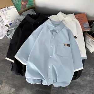 Summer short-sleeved shirt, men's solid color casual Hong Kong style ins, loose Japanese trend, fake two niche shirts, jackets