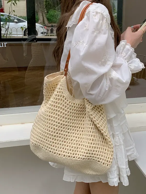 Large Capacity Bag Women's 2025 New Versatile One Shoulder Seaside Resort Beach Bag Woven Straw Commuter Tote Bag - Image 4