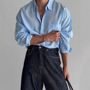 European and American retro solid color shirts, men's high-end sense of loose long-sleeved sunscreen jacket pockets, design sense of cargo shirt jacket